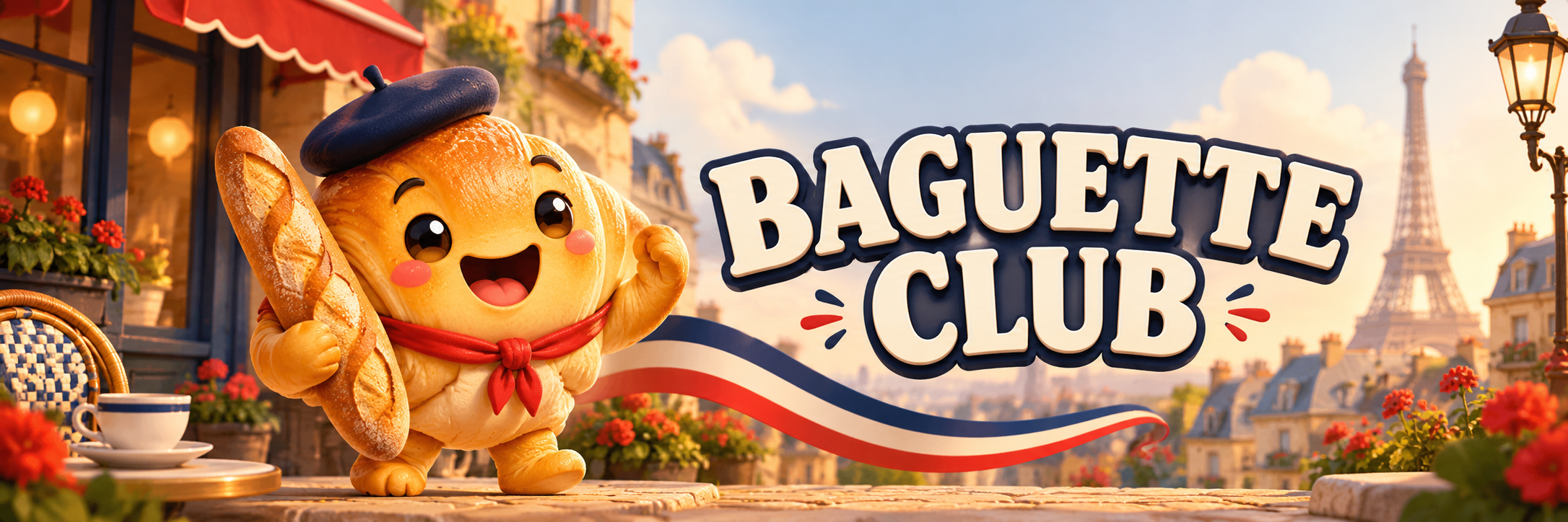 A smiling croissant mascot in a beret holding a baguette in a Paris café scene, with Baguette Club lettering